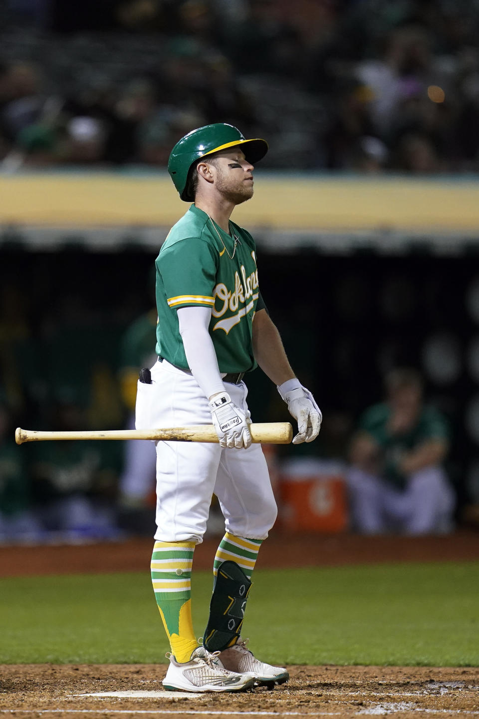 Oakland Athletics' Nick Allen reacts after striking out against the Los Angeles Angels during the fifth inning of a baseball game in Oakland, Calif., Tuesday, Oct. 4, 2022. (AP Photo/Godofredo A. Vásquez)