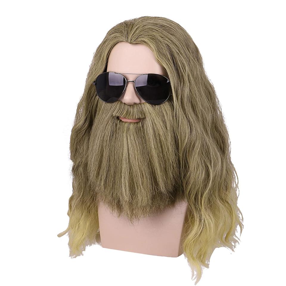 Yilys Men Long Curly Golden Brown Hair and Beard Halloween Cosplay Wig