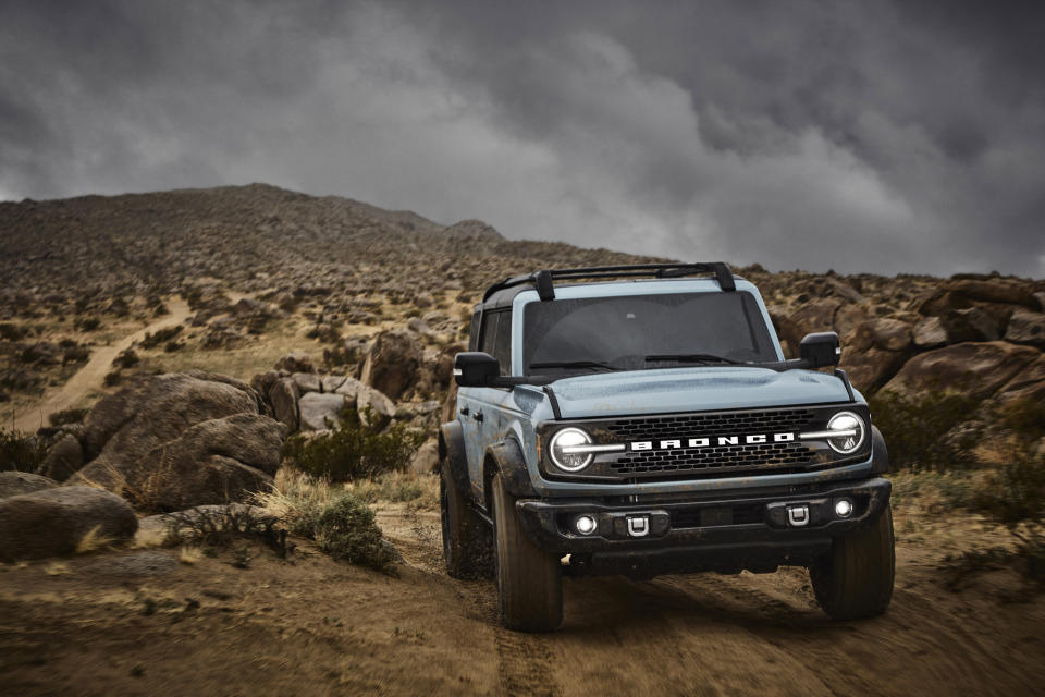 This undated photo provided by Ford shows the 2021 Ford Bronco, a modern revival of the off-road icon. ( Ford Motor Co. via AP)