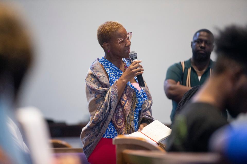 Tosha Downey makes a comment during a town hall on public safety hosted by State Senator Raumesh Akbari at Riverside Missionary Baptist Church in Memphis, Tenn., on Tuesday, August 1, 2023.