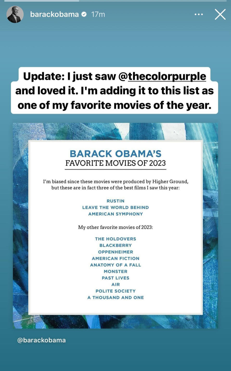 Barack Obama added one more film to his favorite movies of 2023. (Instagram/Barack Obama)