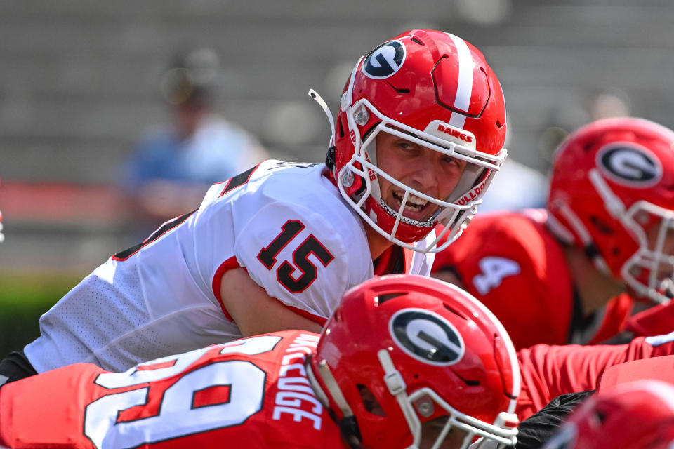 ATHENS, GA - APRIL 15: Georgia Bulldogs Jr. QB Carson Beck (15) during the G-Day Red and Black Spring Game on April 15, 2023, at Sanford Stadium in Athens, GA. (Photo by John Adams/Icon Sportswire via Getty Images)