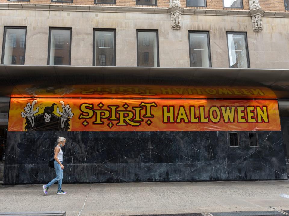 A Spirit Halloween sign outside of the old Barneys New York store in Manhattan.