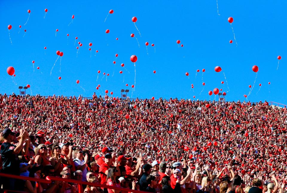 FILE- In this Sept. 26, 2015, file photo, 

Balloons are released after a Nebraska touchdown against Southern Miss during a 2015 football game in Lincoln, Neb.