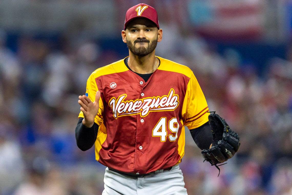 Venezuela pitcher Pablo Lopez (49) reacts to a strike out during the fourth inning of a 2023 World Baseball Classic pool D game against Puerto Rico at loanDepot Park in Miami, Florida, on Sunday, March 12, 2023.