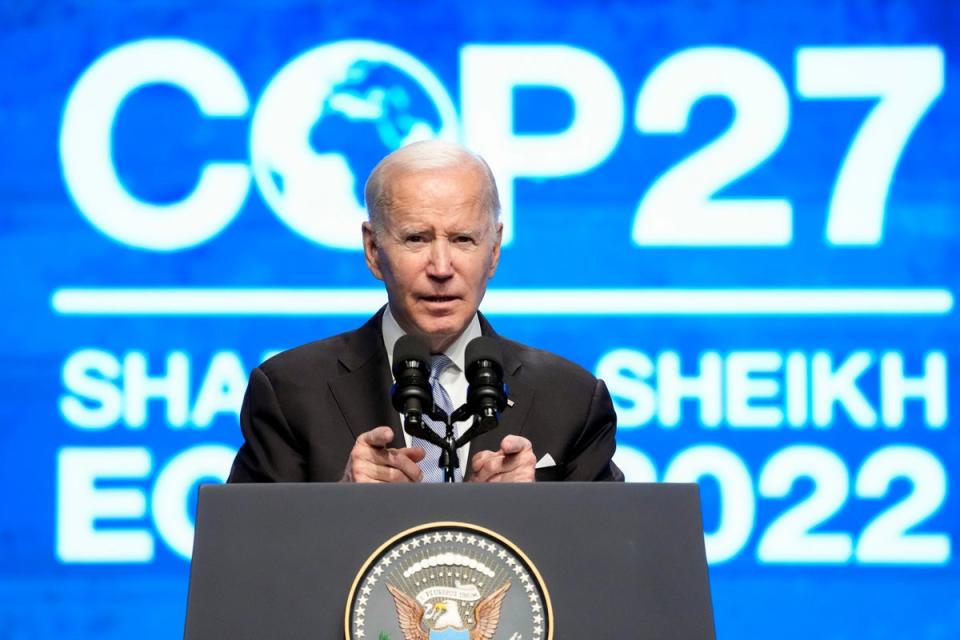 President Joe Biden speaks at the Cop27 climate summit on Friday, November 11, 2022, in Sharm el-Sheikh, Egypt (AP)