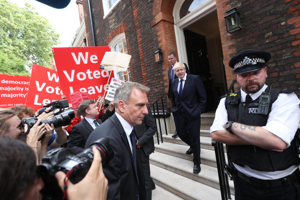 Retransmitted correcting byline to Yui Mok Conservative party leadership contender Boris Johnson leaving his office in Westminster, London.