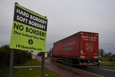 FILE PHOTO: A sign for 'No border' is seen on the border between Northern Ireland and Ireland in Jonesborough, Northern Ireland December 10, 2018. REUTERS/Clodagh Kilcoyne/File Photo