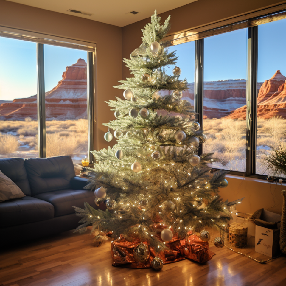 A light, small Christmas tree in the corner of a living room that's covered in warm lights and some bulb ornaments that look identical