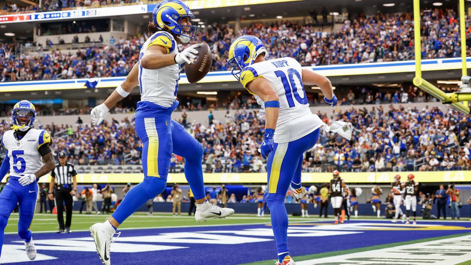 Puka Nacua and Cooper Kupp celebrate after a touchdown in the first quarter against the Cleveland Browns. - Ronald Martinez/Getty Images