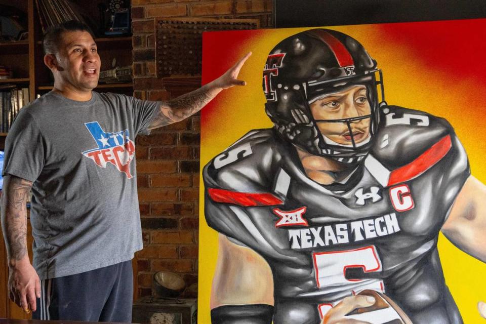 Joey Martinez, a muralist, showcases a painting he created featuring Kansas City Chiefs quarterback Patrick Mahomes at his home on Tuesday, Feb. 6, 2024, in Lubbock, Texas. Martinez has been working on the painting since Mahomes won his first Super Bowl in 2020.