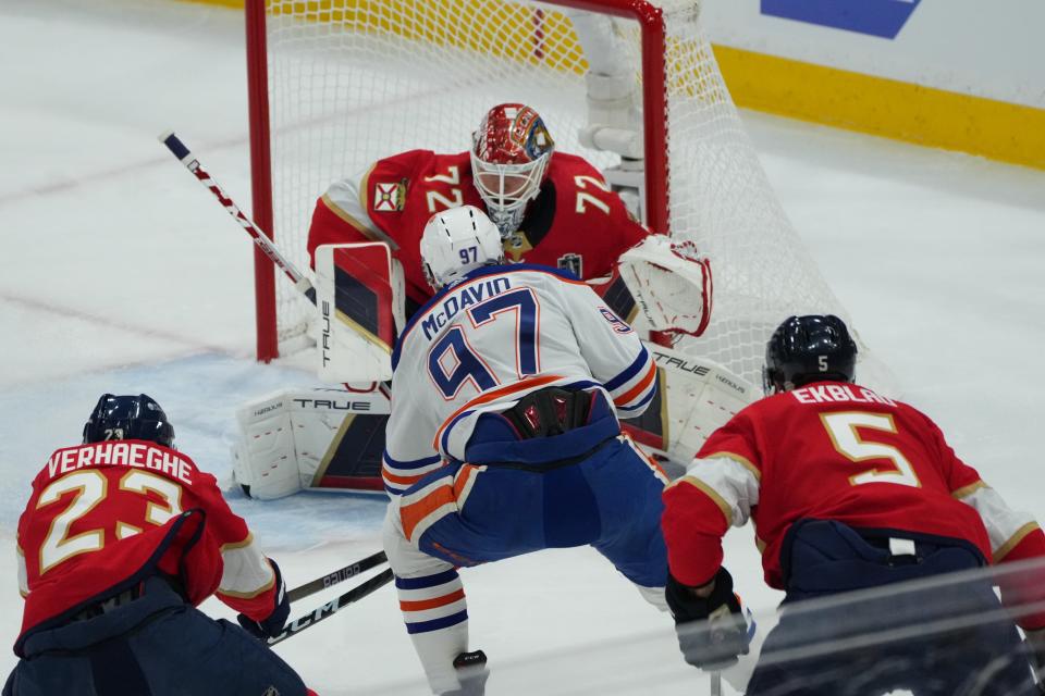 Goaltender Sergei Bobrovsky (72) defends against Edmonton Oilers forward Connor McDavid (97) during the first period.