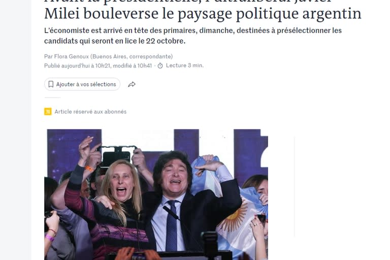 "Previo a la elección presidencial, el ultraliberal Javier Milei trastorna el panorama político argentino", el título de Le Monde, Francia