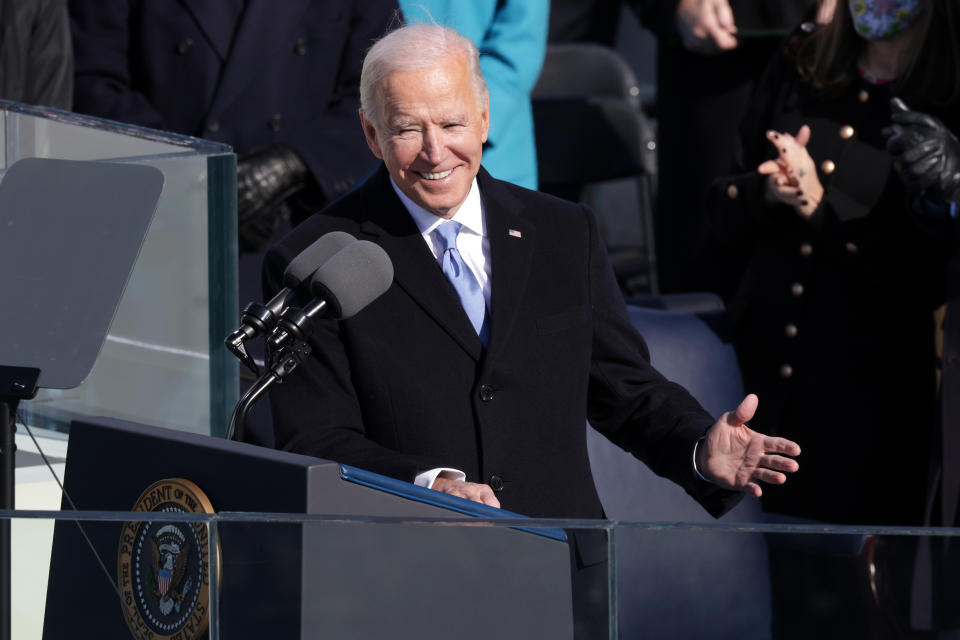 WASHINGTON, DC - JANUARY 20:  U.S. President Joe Biden delivers his inaugural address on the West Front of the U.S. Capitol on January 20, 2021 in Washington, DC.  During today's inauguration ceremony Joe Biden becomes the 46th president of the United States. (Photo by Alex Wong/Getty Images)