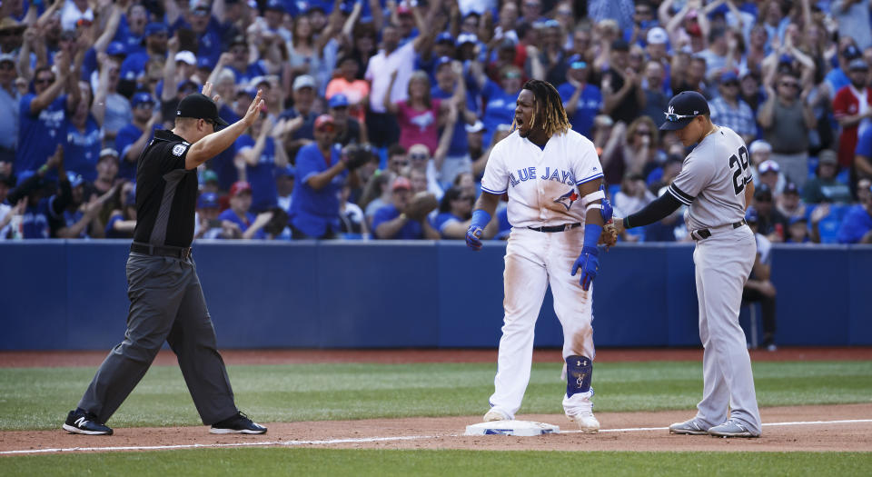 Vladimir Guerrero Jr. hit the first triple of his Major League career on Saturday. (Getty Images)