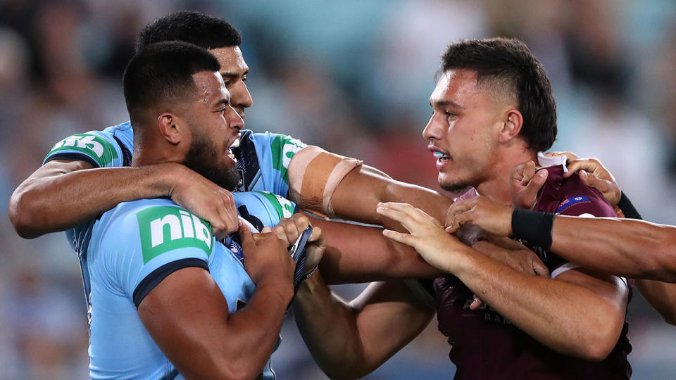 Picttured here, the NSW and QLD forwards that were sent to the sin bin in Origin II.