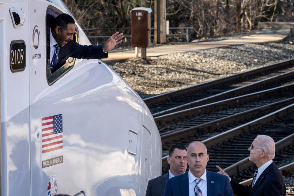 U.S. President Joe Biden arrives to speak at the Baltimore and Potomac (B&P) Tunnel North Portal on January 30, 2023 in Baltimore, Maryland.