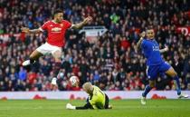 Britain Football Soccer - Manchester United v Leicester City - Barclays Premier League - Old Trafford - 1/5/16 Leicester City's Kasper Schmeichel in action with Manchester United's Memphis Depay Reuters / Darren Staples