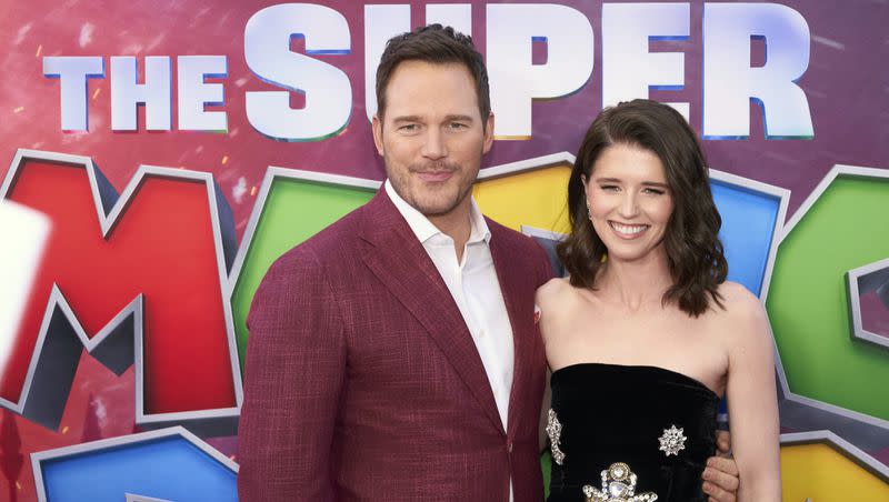 Chris Pratt, left, and Katherine Schwarzenegger Pratt arrive at the premiere of “The Super Mario Bros. Movie,” on Saturday, April 1, 2023, at Regal LA Live in Los Angeles.