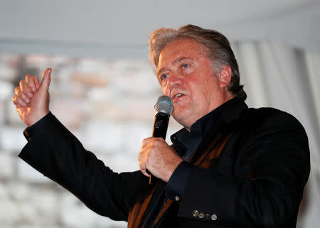 FILE PHOTO: Former White House Chief Strategist Steve Bannon delivers a speech at the "Atreju 2018" meeting organised by Fratelli d'Italia party in Rome, Italy September 22, 2018. REUTERS/Alessandro Bianchi