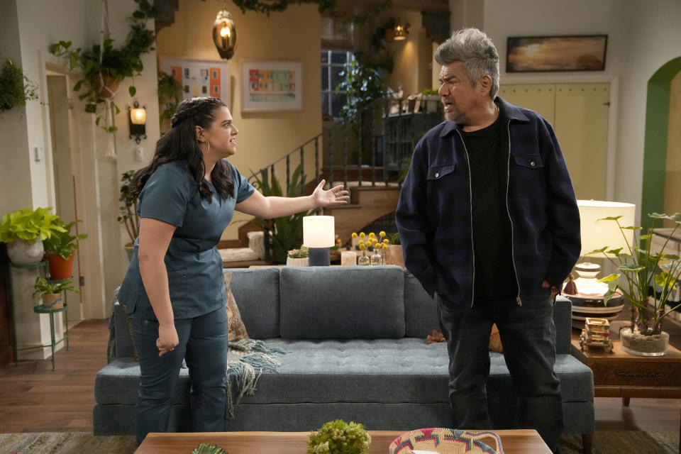 This image released by NBC shows Mayan Lopez, left, and George Lopez in a scene from "Lopez vs Lopez," a new comedy series debuting this fall. (Casey Durkin/NBC via AP)