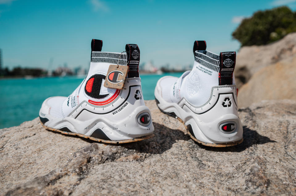 The Champion Rally Pro Earth sneaker made with upcycled and recycled materials. - Credit: Courtesy of Champion