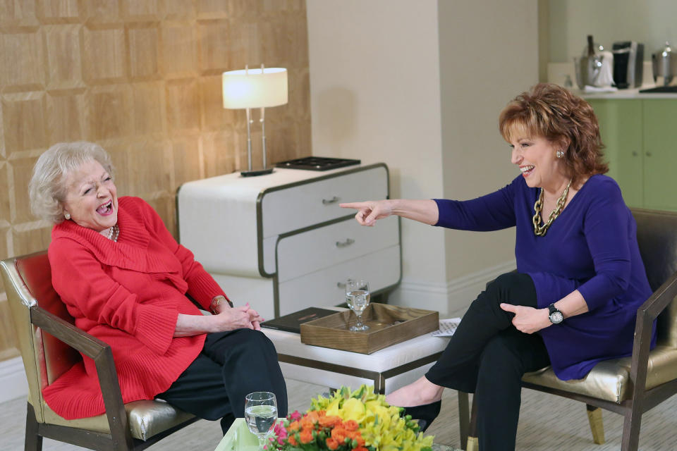 Betty White and Joy Behar on set for Current TV at The London Hotel in West Hollywood, Calif., on January 2, 2013.<span class="copyright">Getty Images</span>