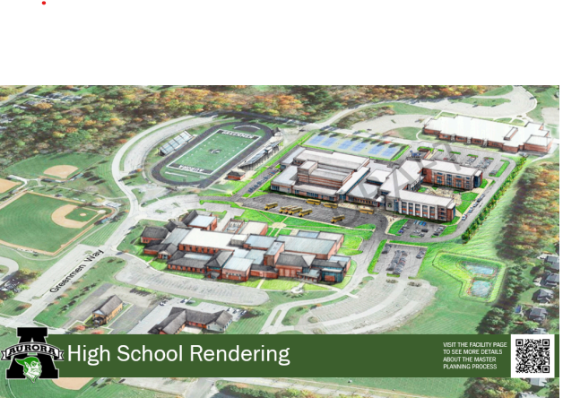 This artist's rendering shows what a proposed new high school in Aurora, to the right of the existing football stadium in what is now a field, might look like. The current high school is shown in front of it and Harmon Middle School in back.