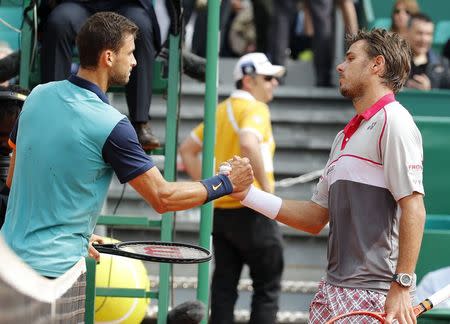 Grigor Dimitrov of Bulgaria (L) shakes hands with Stan Wawrinka of Switzerland after winning their match at the Monte Carlo Masters in Monaco April 16, 2015. REUTERS/Eric Gaillard