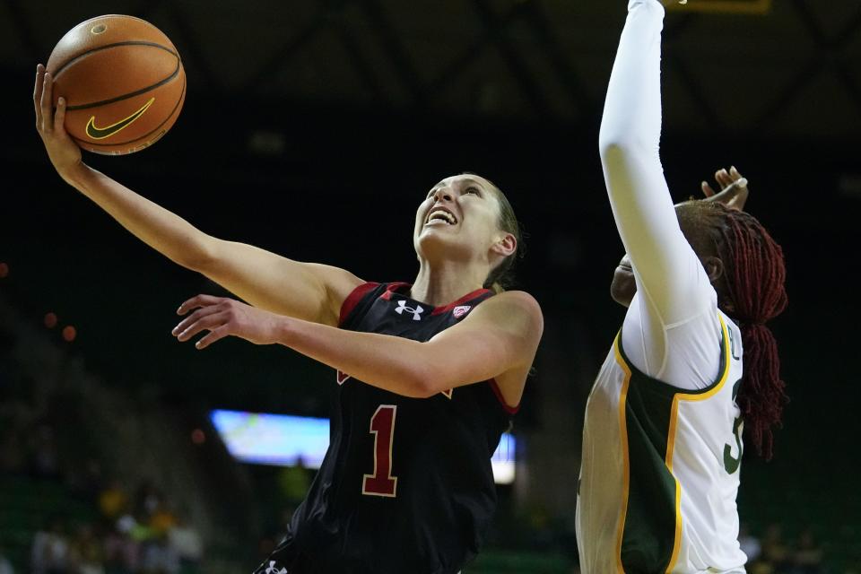 Utah’s Isabel Palmer (1) goes up for a shot against Baylor’s Aijha Blackwell during the first half of an NCAA college basketball game, Tuesday, Nov. 14, 2023, in Waco, Texas. | Julio Cortez, Associated Press