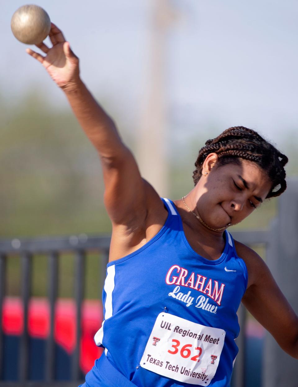 Graham's Taylor Wilborn competes in the Region I-4A shot put, Saturday, April 30, 2022, at Lowrey Field at PlainsCapital Park.