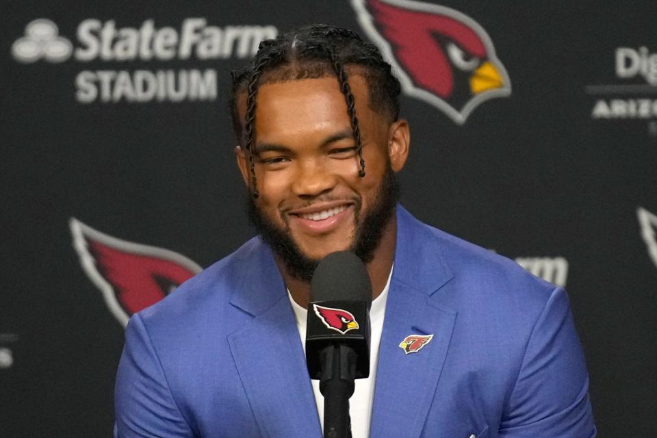 Arizona Cardinals quarterback Kyler Murray addresses the media, Friday, July 22, 2022, in Tempe, Ariz.