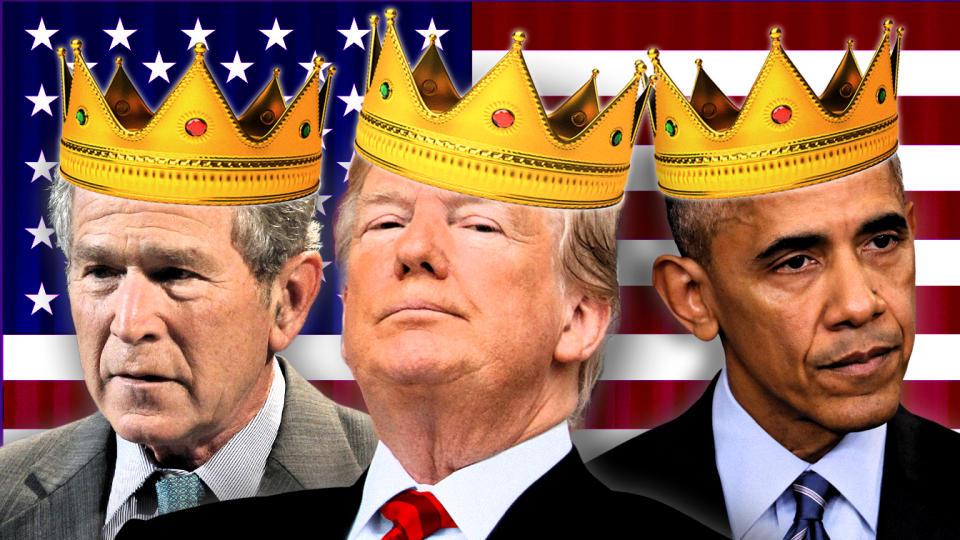 Presidents George W. Bush, Donald Trump and Barack Obama. (Photo illustration: Yahoo News; photos: AP (4), Getty images (3))