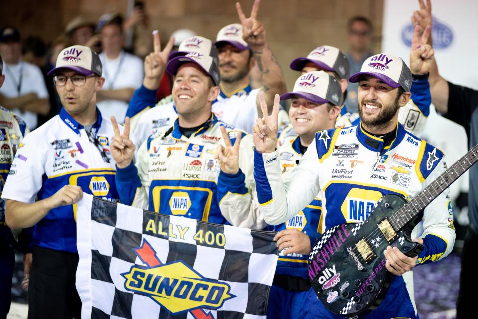 NASCAR Cup Series driver Chase Elliott (9) celebrates winning the Ally 400 at the Nashville Superspeedway in Lebanon, Tenn., Sunday, June 26, 2022.