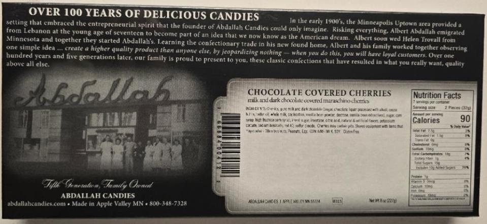 Image of back of the box of recalled Abdallah Candies sea salt almond alligators. / Credit: U.S. Food and Drug Administration