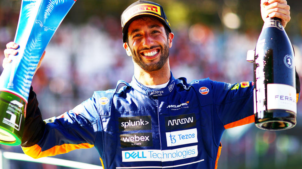 Daniel Ricciardo, pictured here celebrating on the podium after winning the Italian Grand Prix.