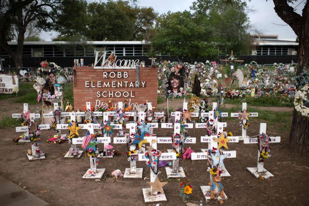 Crosses honor the 21 people fatally shot at Robb Elementary School in Uvalde, Texas, last year. Abbott said the shooting 
