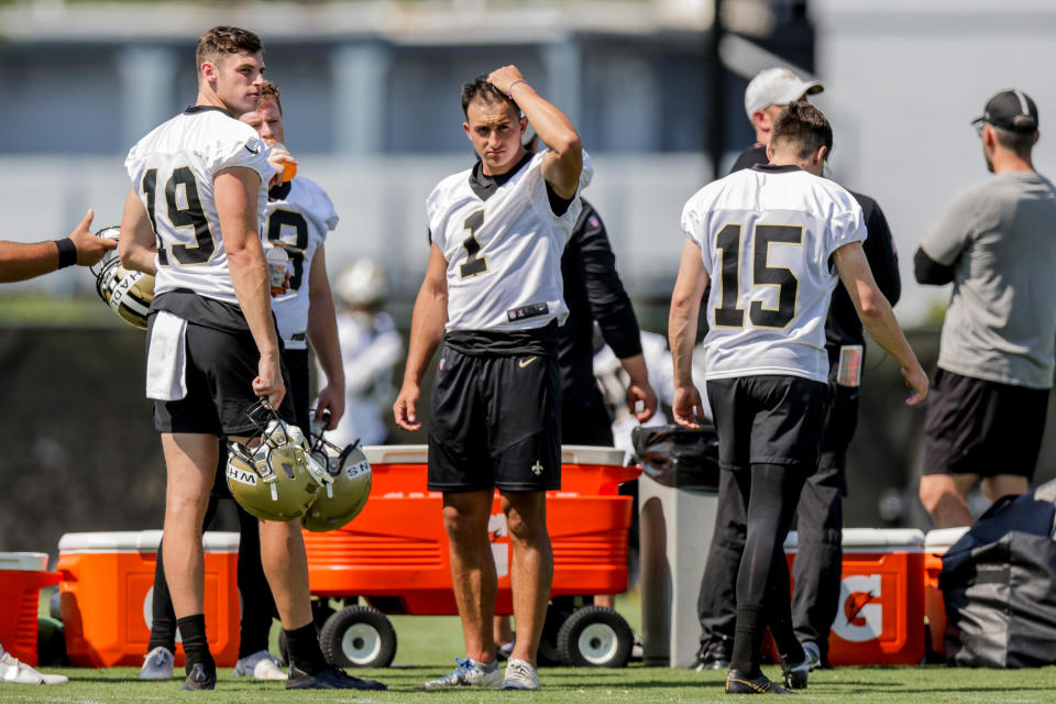 May 14, 2022; New Orleans, LA, USA; New Orleans Saints kicker Alex Quevedo (1) and punter Daniel Whelan (19) during rookie camp at the New Orleans Saints Training Facility. Mandatory Credit: Stephen Lew-USA TODAY Sports