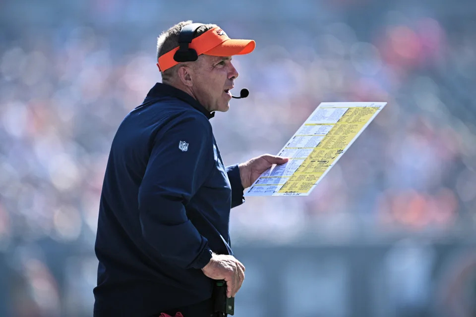 Oct 1, 2023; Chicago, Illinois, USA; Denver Broncos head coach Sean Payton watches his team play against the Chicago Bears in the fourth quarter at Soldier Field. Mandatory Credit: Jamie Sabau-USA TODAY Sports