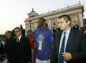 FILE - In this Sept. 29, 2011, file photo, U.S. basketball player Kobe Bryant arrives at the Campidoglio, or capitol hill, in Rome, Italy. In Europe where Bryant grew up, the retired NBA star is being remembered for his "Italian qualities." Italian basketball federation president Giovanni Petrucci tells The Associated Press that Bryant is "particularly important to us because he knew Italy so well, having lived in several cities here. He had a lot of Italian qualities." (AP Photo/Riccardo De Luca, File)