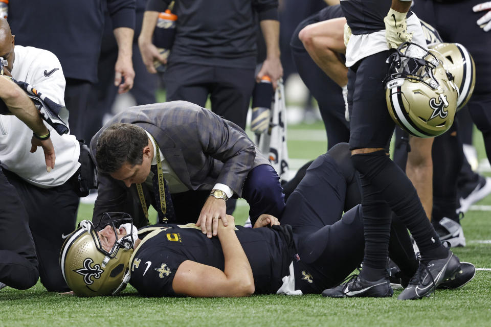 New Orleans Saints quarterback Derek Carr is in concussion protocol after taking a big hit against the Lions. (AP Photo/Tyler Kaufman)