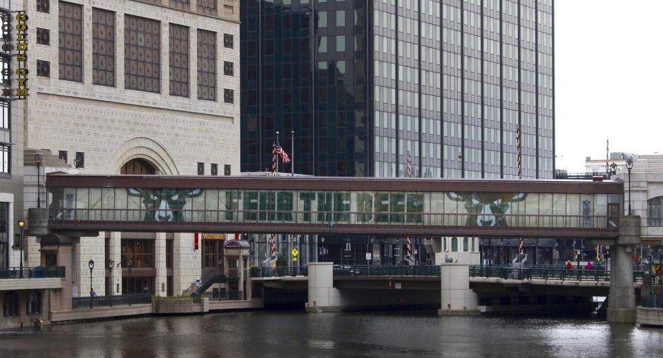 This May 8, 2019 photo shows a sign of support for the Bucks over the Milwaukee River in downtown Milwaukee. The team's championship run has the city buzzing with anticipation that the team has a chance to win their first title since 1971. (AP Photo/Carrie Antlfinger)