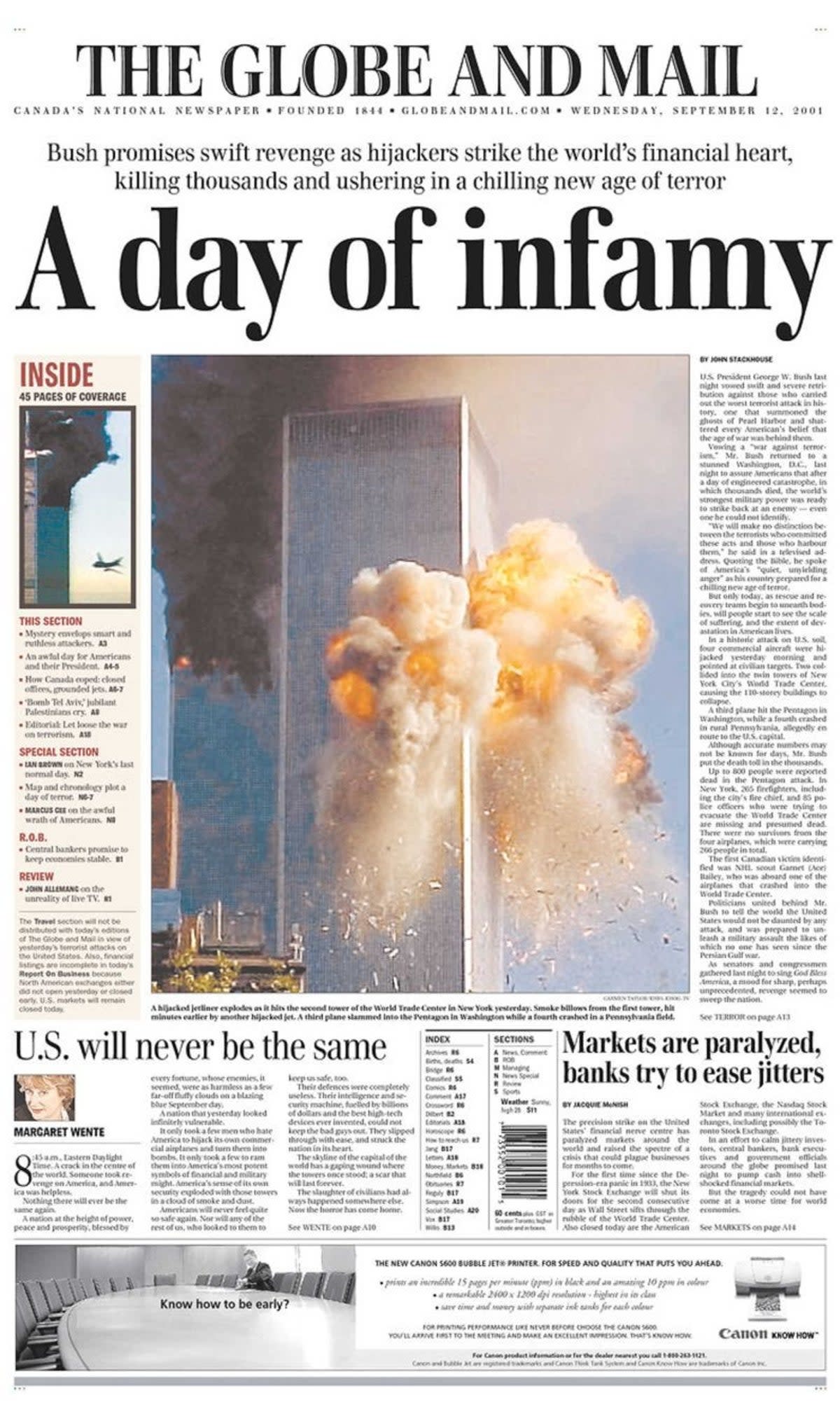 The Globe and Mail’s front page on 12 September, 2001 (The Globe and Mail)