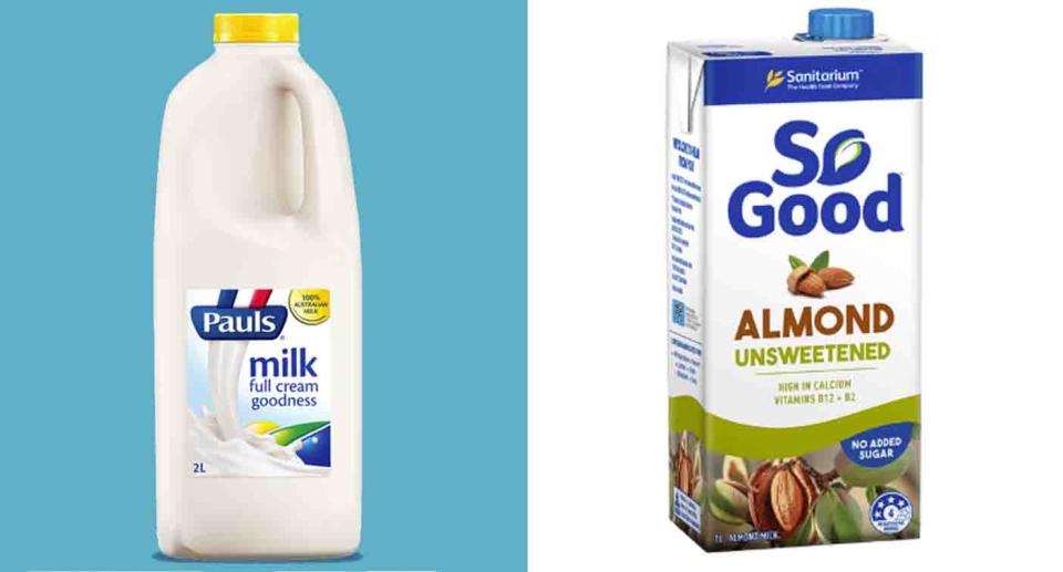 A glass of So Good Almond Milk actually offers slightly more calcium than a glass of Paul’s Full Cream Milk. Source: Pauls, So Good