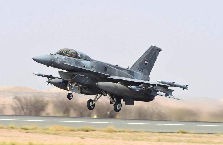 A fighter jet of the UAE armed forces taking off from an air force base before raids against Shiite Huthi rebels in Yemen as part of the Saudi-led coalition