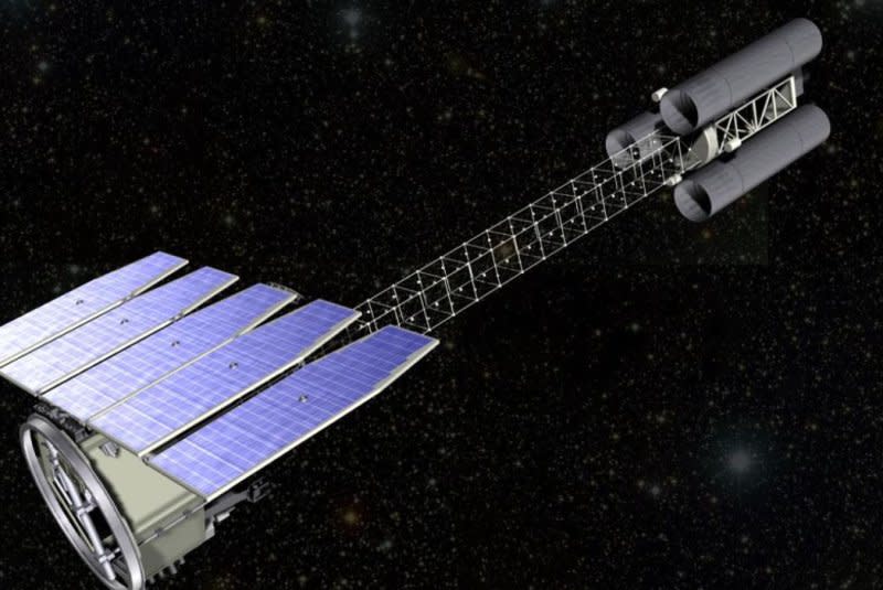 An illustration depicts NASA's IXPE satellite (Imaging X-ray Polarimetry Explorer in space with three identical X-ray optics imagers at top, sensors at bottom and solar arrays. Illustration courtesy of NASA