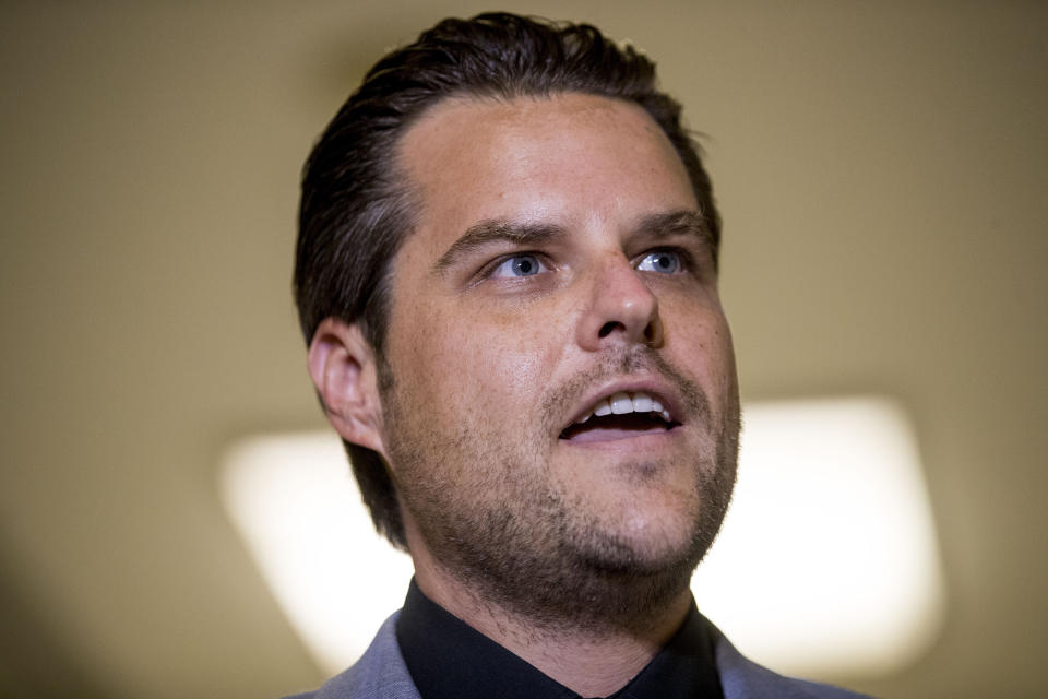 Rep. Matt Gaetz, R-Fla., speaks to members of the media following a House Judiciary Committee closed door meeting with former federal prosecutor for the Southern District of New York Geoffrey Berman on Capitol Hill, Thursday, July 9, 2020, in Washington. (AP Photo/Andrew Harnik)