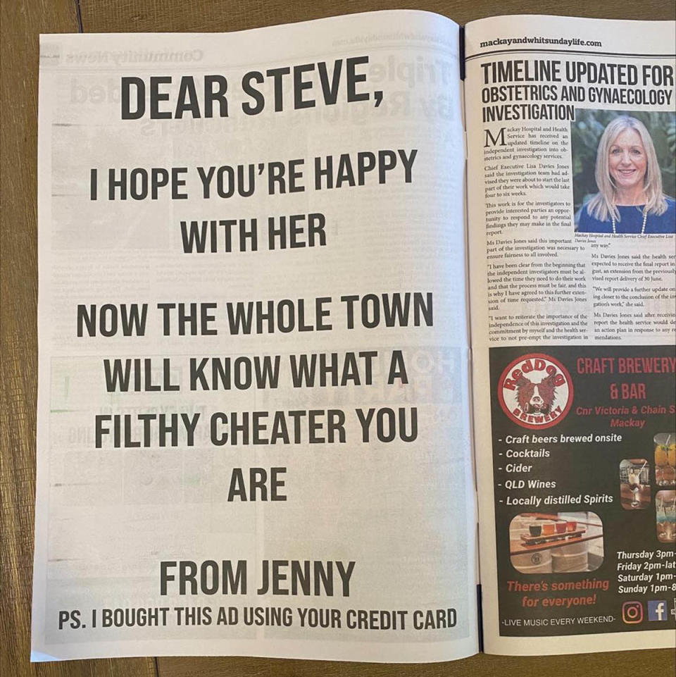 Ad in Queensland newspaper about cheater lover Steve from Jenny