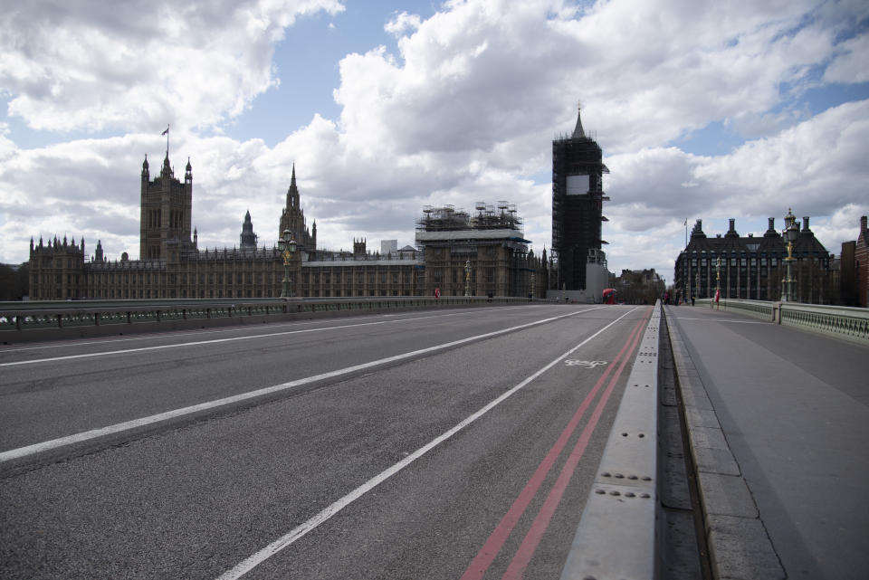 General view of a visibly quiet Westminster Bridge in London, UK on April 6, 2020. Last night Prime Minister Boris Johnson was admitted to St Thomas' Hospital for undergoing tests after suffering 'persistent' symptoms of coronavirus for 10 days, this evening Prime Minister Johnson condition worsened and he was taken to intensive care. There have been almost 50,000 reported cases of the COVID-19 coronavirus in the United Kingdom and almost 5,000 deaths. The country is in its third week of lockdown measures aimed at slowing the spread of the virus. (Photo by Claire Doherty/Sipa USA)