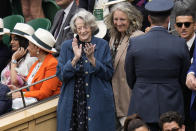 Actress Dame Maggie Smith arrives in the Royal Box ahead of the final of the women's singles between the Czech Republic's Marketa Vondrousova and Tunisia's Ons Jabeur on day thirteen of the Wimbledon tennis championships in London, Saturday, July 15, 2023. (AP Photo/Kirsty Wigglesworth)